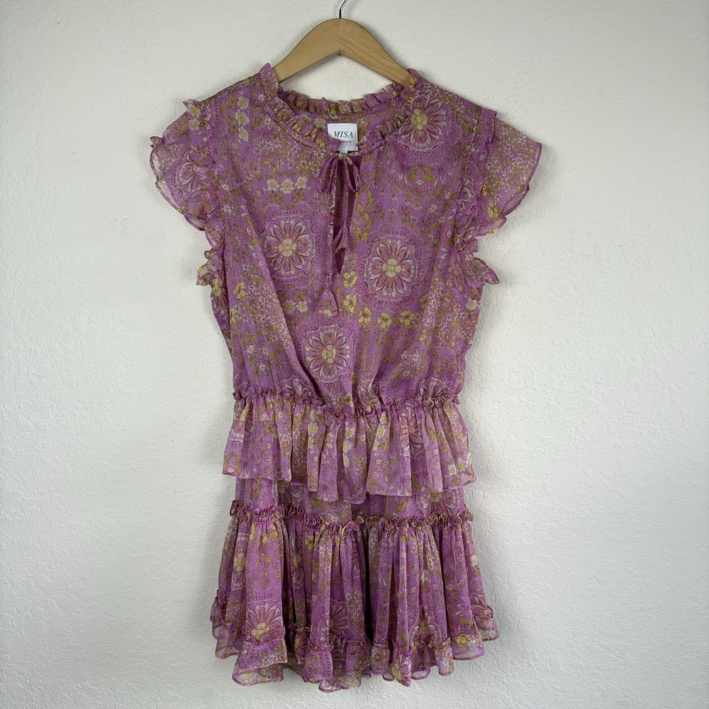 Misa L.A Size M Lilian Split Neck Floral Ruffle Mini Dress Lilac Tiered Fairy